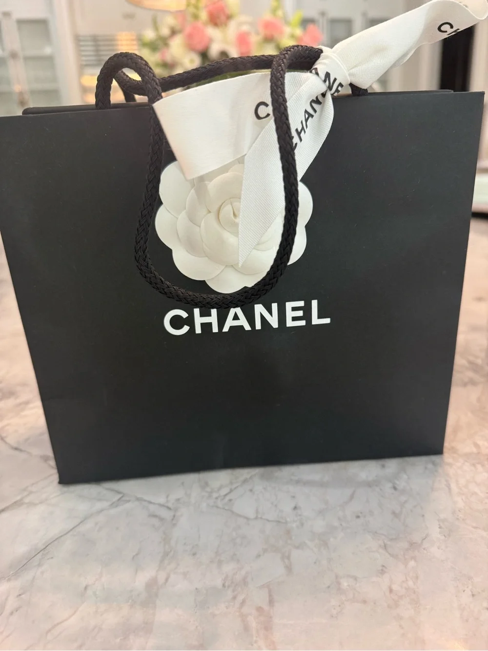 CHANEL Black Gift Bag, Chanel Gift Box, 2 Camellias, 2 ribbons, Envelope, Tissue